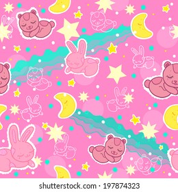 Children's cute and funny pattern with teddy bears and bunnies that are sleeping on a background of clouds, stars and month