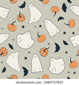 Childrens cute ghosts and pumpkin neutral pattern background. Vector