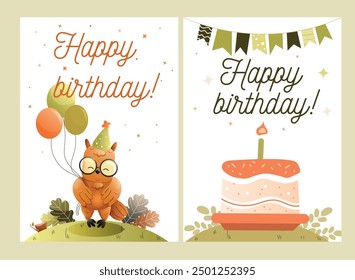 Childrens cute greeting card. Cute birthday cards featuring an owl with balloons and a cake design. Vector.