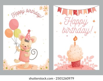 Childrens cute greeting card. Cute birthday card featuring a mouse with balloons and a cupcake design. Vector