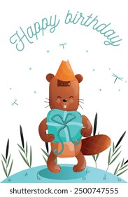 Childrens cute greeting card. Cartoon beaver celebrating a birthday with a gift in a natural setting. Vector.