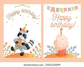 Childrens cute greeting card. Cartoon raccoon celebrating with a birthday cake in a pastel design. Vector.