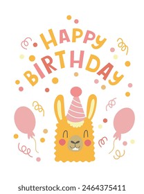 Childrens cute greeting card Happy birthday card vector illustration with a cute cartoon llama.  Birthday greeting card with alpaca lama in a pink birthday cap.