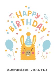 Childrens cute greeting card Happy birthday card vector illustration with a cute cartoon llama. Birthday greeting card with alpaca lama with blue birthday cap.