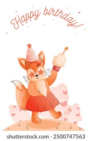 Childrens cute greeting card. A playful fox in a festive hat holds a cupcake, against a background of hearts and stars.