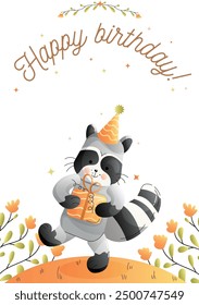 Childrens cute greeting card. A raccoon wearing a party hat joyfully holds a birthday gift among flowers. Vector