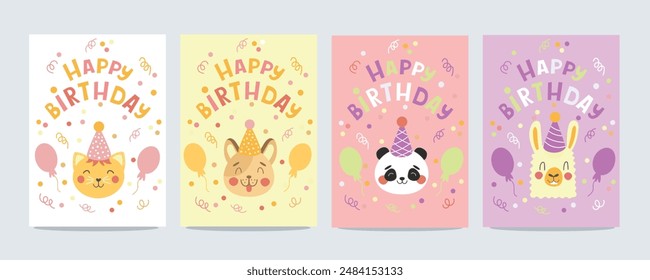 Childrens cute greeting card set. Birthday card with cute animals with party hats and balloons. Vector illustration template