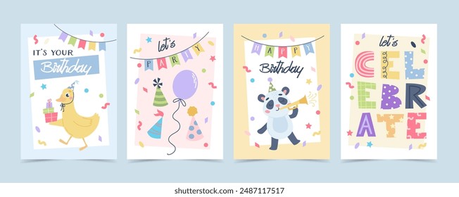 Childrens cute greeting card set. Birthday animals with cake, party hats and balloons. Vector illustration template