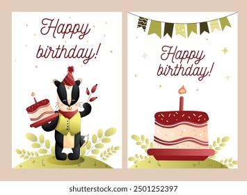 Childrens cute greeting card. a set of greeting cards with a cute badger and a birthday cake. Vector.