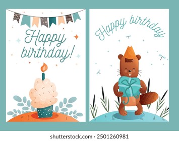 Childrens cute greeting card. Set of happy birthday card with beaver and birthday cake. Vector.