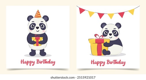 Children's cute greeting card set with funny panda and gift box. Kids birthday invitation collection.