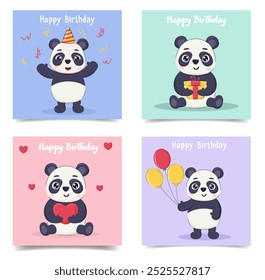 Children's cute greeting card set. Kids birthday postcard with little panda bear collection.