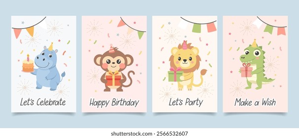 Childrens cute greeting card set. Birthday party animals with gift boxes, cake, party hats and balloons. Illustration, templates, postcards collection