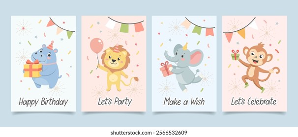 Childrens cute greeting card set. Birthday party animals with gift boxes, cake, party hats and balloons. Illustration, templates, postcards collection