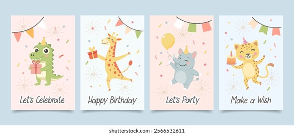 Childrens cute greeting card set. Birthday party animals with gift boxes, cake, party hats and balloons. Illustration, templates, postcards collection