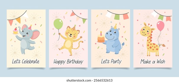 Childrens cute greeting card set. Birthday party animals with gift boxes, cake, party hats and balloons. Illustration, templates, postcards collection