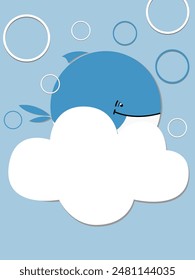 Childrens cute greeting card with whale, bubbles and cloud. Template for invitation in paper style	