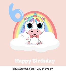 Children's cute greeting card wit unicorn and rainbow. Kids birthday invitation with magical animal holding number 6.