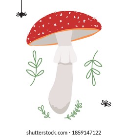 Children's cute illustration of a fly agaric mushroom bright red paints. Flat illustration isolated on white background with leaves and flies. For use as a sticker or T-shirt print.