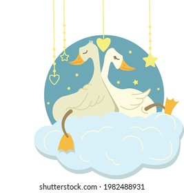 Children's Cute Illustration. Vector Poster With The Image Of Cute Geese Sleeping On A Cloud, For Nursery, Children's Room, Baby Shower, Greeting Card, Children's And Children's T-shirts And Clothing