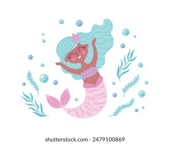 Childrens cute magic character. Magic mermaid girl. Children magic poster or postcard. Vector illustration of fantasy undersea life