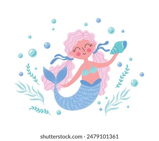 Childrens cute magic character. Magic mermaid girl with a marine shell. Children magic poster or postcard. Vector illustration of fantasy undersea life