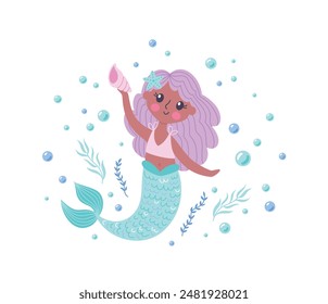 Childrens cute magic character. Magic mermaid girl with a marine shell. Children magic poster or postcard. Vector illustration of fantasy undersea life