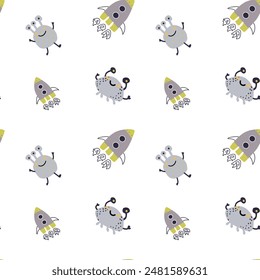 Childrens cute pattern with monsters or aliens in space. Galaxy elements and rockets, planets background. Cute characters and cosmic objects for print. Childrens adventure pattern in naive doodle styl