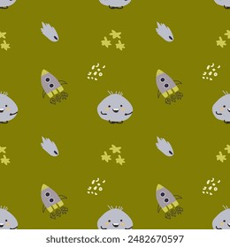 Childrens cute pattern with monsters or aliens in space. Galaxy elements and rockets, planets background. Cute characters and cosmic objects for print. Childrens adventure pattern in naive doodle styl