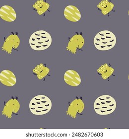 Childrens cute pattern with monsters or aliens in space. Galaxy elements and rockets, planets background. Cute characters and cosmic objects for print. Childrens adventure pattern in naive doodle styl