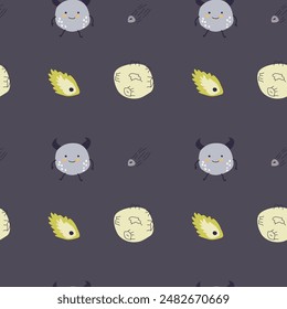 Childrens cute pattern with monsters or aliens in space. Galaxy elements and rockets, planets background. Cute characters and cosmic objects for print. Childrens adventure pattern in naive doodle styl