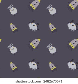 Childrens cute pattern with monsters or aliens in space. Galaxy elements and rockets, planets background. Cute characters and cosmic objects for print. Childrens adventure pattern in naive doodle styl