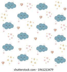 Children's cute pattern of sleeping clouds in boho style, wallpaper, textiles, background