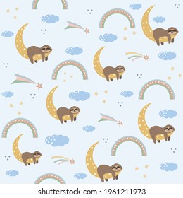 Children's cute pattern of sleeping Sloths among clouds, stars and rainbows, boho style, wallpaper, textiles, background