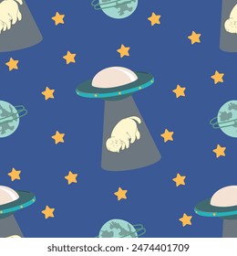 Children's cute pattern with spaceships and cats. Abduction of cat by a UFO spaceship