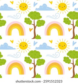 Childrens cute pattern, vector flat illustrations, sun, clouds, wind, tree, seamless pattern, background