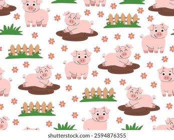 Children's cute pigs on the farm cartoon seamless pattern. Country background with happy pigs in a puddle, fences and flowers. White background.