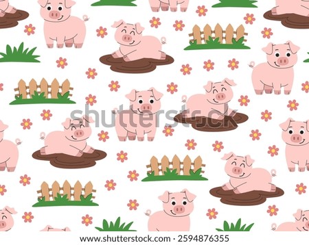 Children's cute pigs on the farm cartoon seamless pattern. Country background with happy pigs in a puddle, fences and flowers. White background.
