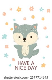 Childrens cute poster A4.  Adorable cute grey wolf illustration with pastel colors and playful elements. Perfect for nursery and kids' decor