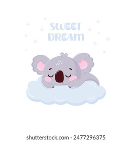 Childrens cute poster with a funny koala on a cloud. Cute little koala sleeping on a cloud. Poster for Baby shower, childrens room, with a cute sleeping koala character