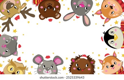 Childrens cute posters animals. Christmas frame with characters penguin, hare, owl, deer, squirrel and mouse.