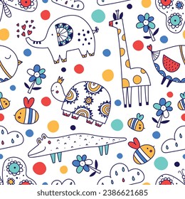 Children's cute seamless pattern with cute animals. Funny linear illustration. Can be used in textile industry, paper, background, scrapbooking.