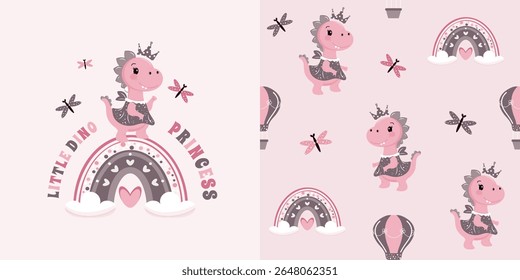 Children's cute seamless pattern featuring a funny dinosaur girl on a rainbow. Vector design for children's bedding, fabrics, wallpapers, wrapping paper, and more.