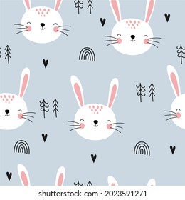 Children's cute seamless pattern with a hare. Cute illustration with doodles in the Scandinavian style. For designing children's clothing, interior decor, invitation and greeting cards