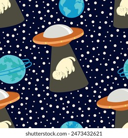 Children's cute space pattern. Abduction of cat by a UFO spaceship. Childrens background for textile, wrapping paper.