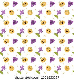 Childrens cute spooky halloween pattern with cute characters. Pumkins, graves, candy with spiderweb. Cute childish seamless pattern.