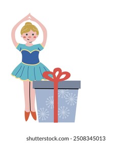 Childrens cute xmas ballet dancer character, smiling person with gift. Happy holidays concept design. Christmas and new year flat cartoon celebration fairy character - girl dancer.