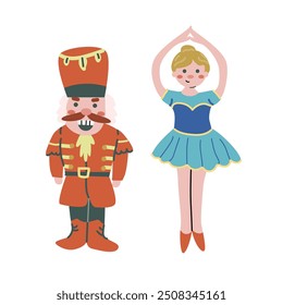 Childrens cute xmas nutcracker and ballet dancer joy characters set, smiling persons. Happy holidays concept vector illustration. Christmas and new year flat cartoon celebration fairy character.