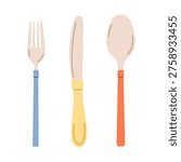 Childrens cutlery. Spoon, fork and knife in bright colors for toddler feeding. Flat vector illustration isolated on white background.