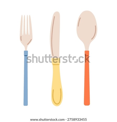 Childrens cutlery. Spoon, fork and knife in bright colors for toddler feeding. Flat vector illustration isolated on white background.